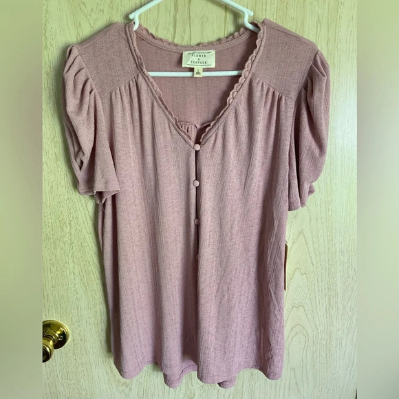 Flower & Feather Mauve Pink Feminine Stretch button front Blouse Shirt Sz L New - Picture 1 of 11
